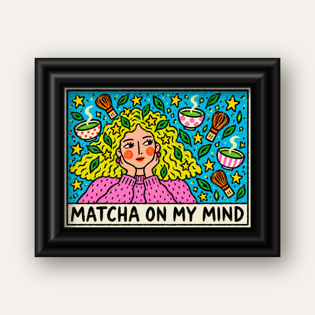Matcha on My Mind Renkli İllüstrasyon Tipografi Poster — siyah galeri çerçeveli