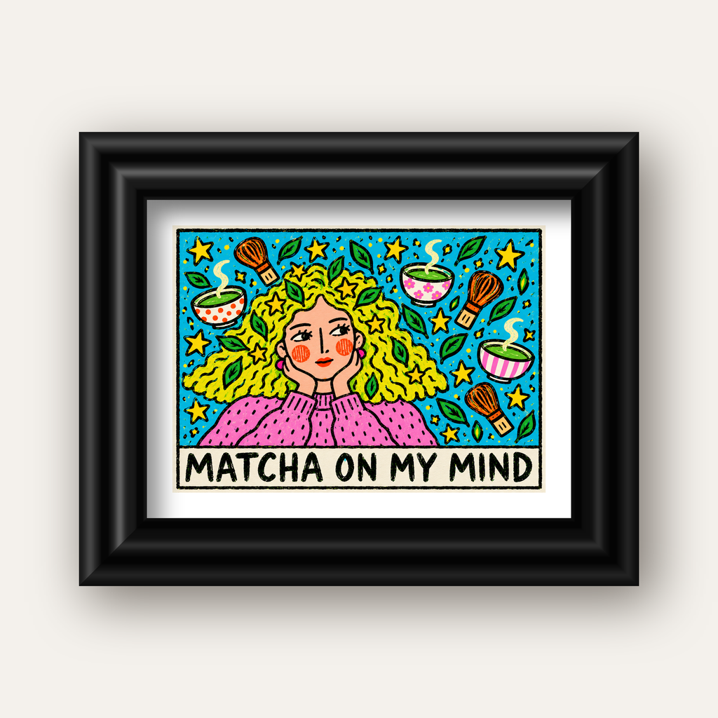 Matcha on My Mind Renkli İllüstrasyon Tipografi Poster — siyah galeri çerçeveli paspartulu
