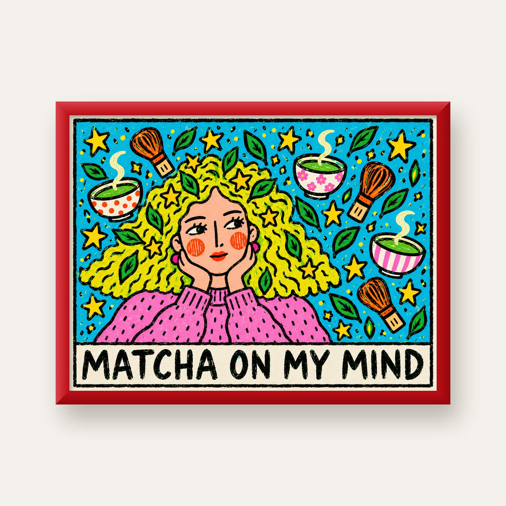 Matcha on My Mind Renkli İllüstrasyon Tipografi Poster — kırmızı çerçeveli