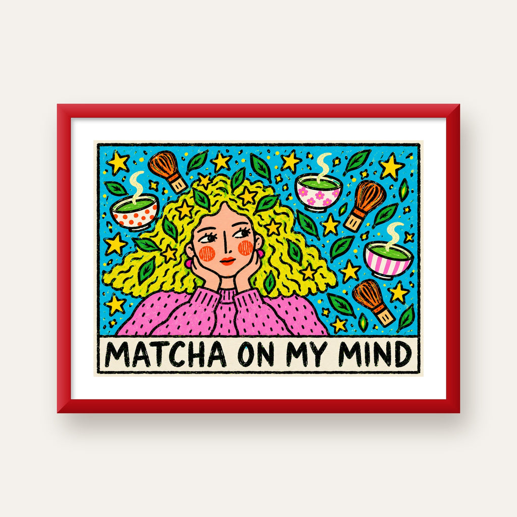 Matcha on My Mind Renkli İllüstrasyon Tipografi Poster — kırmızı çerçeveli paspartulu