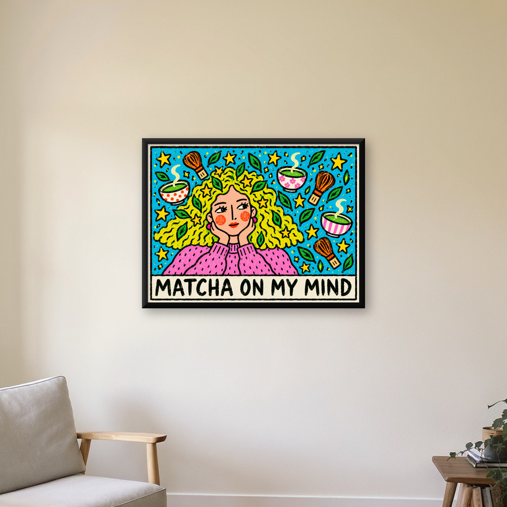 Matcha On My Mind – Renkli Kadın Portreli Sanat Posteri — Yatay baskı, çerçeveli hâliyle bir ev duvarında