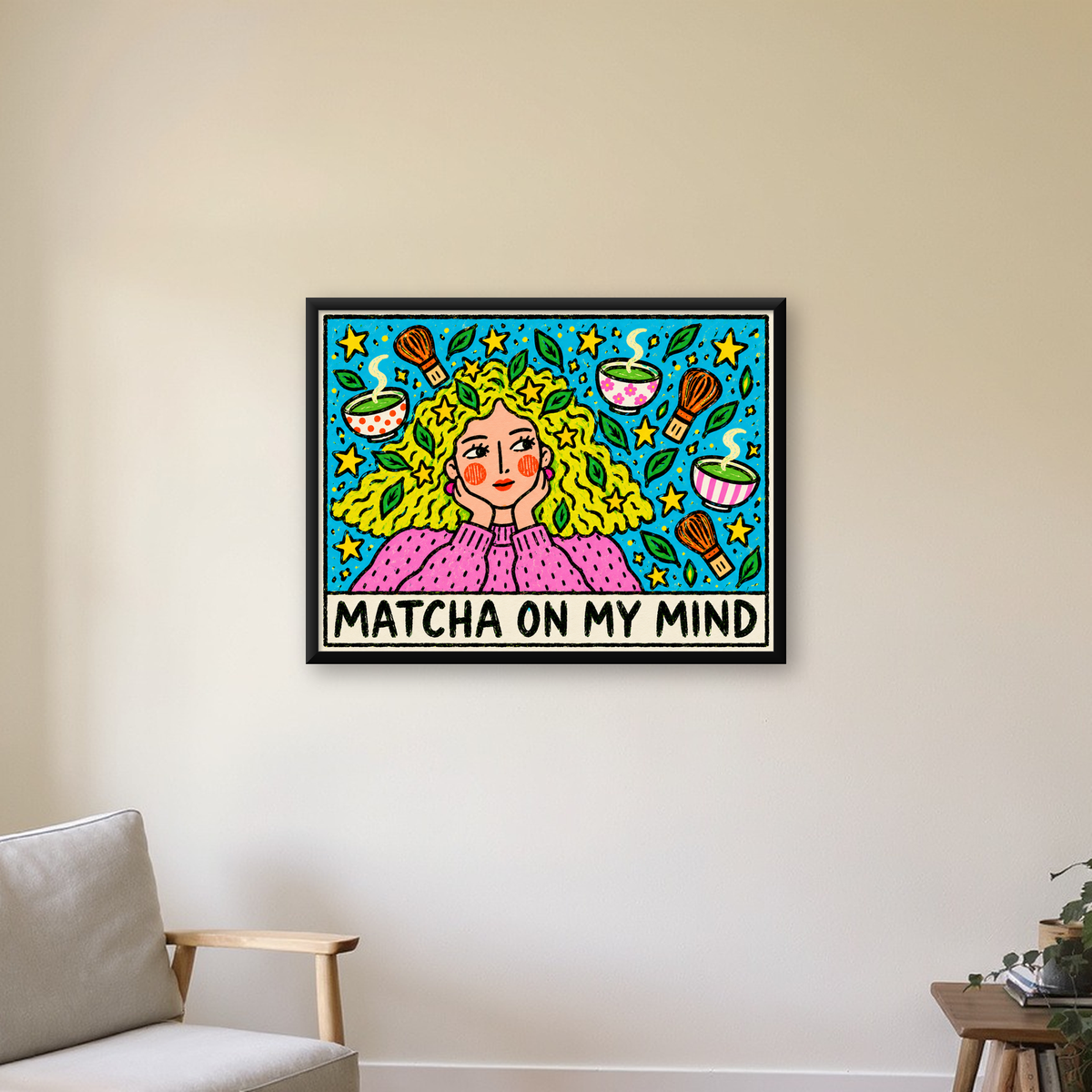 Matcha On My Mind – Renkli Kadın Portreli Sanat Posteri — Yatay baskı, çerçeveli hâliyle bir ev duvarında