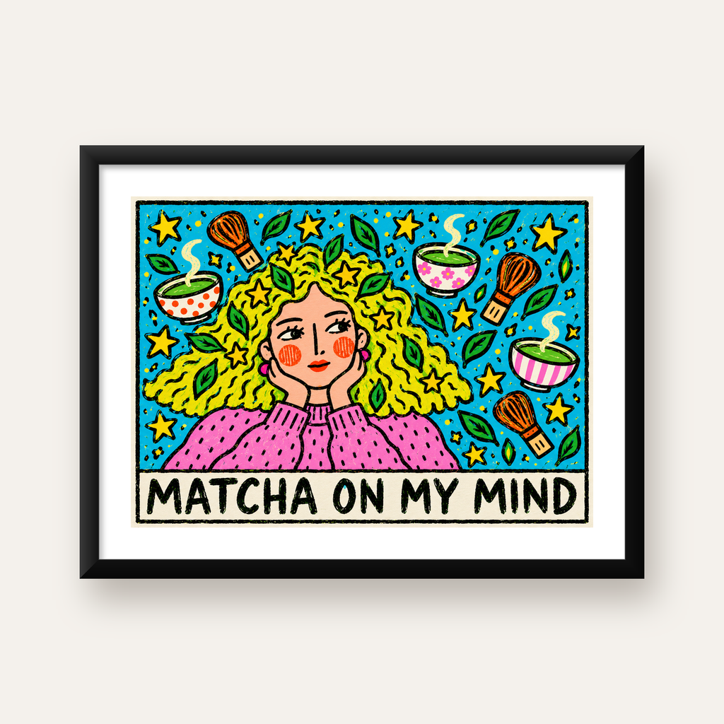 Matcha On My Mind – Renkli Kadın Portreli Sanat Posteri — Yatay baskı, beyaz kenar boşluklu