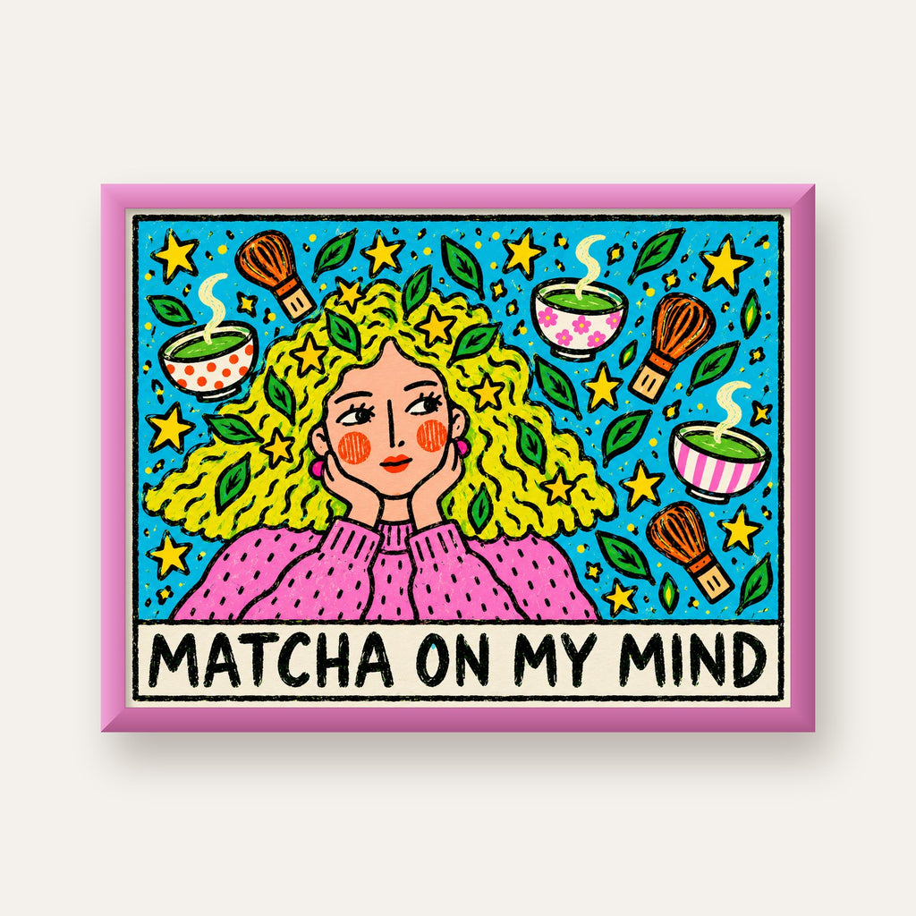 Matcha on My Mind Renkli İllüstrasyon Tipografi Poster — pembe çerçeveli