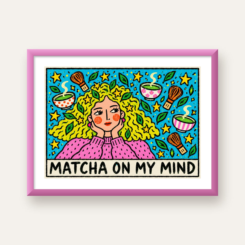 Matcha on My Mind Renkli İllüstrasyon Tipografi Poster — pembe çerçeveli paspartulu