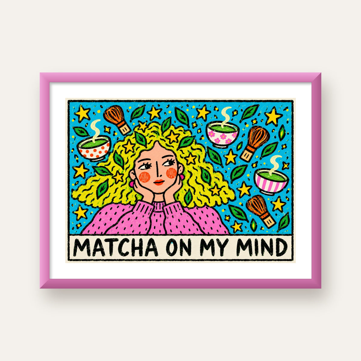 Matcha on My Mind Renkli İllüstrasyon Tipografi Poster — pembe çerçeveli paspartulu