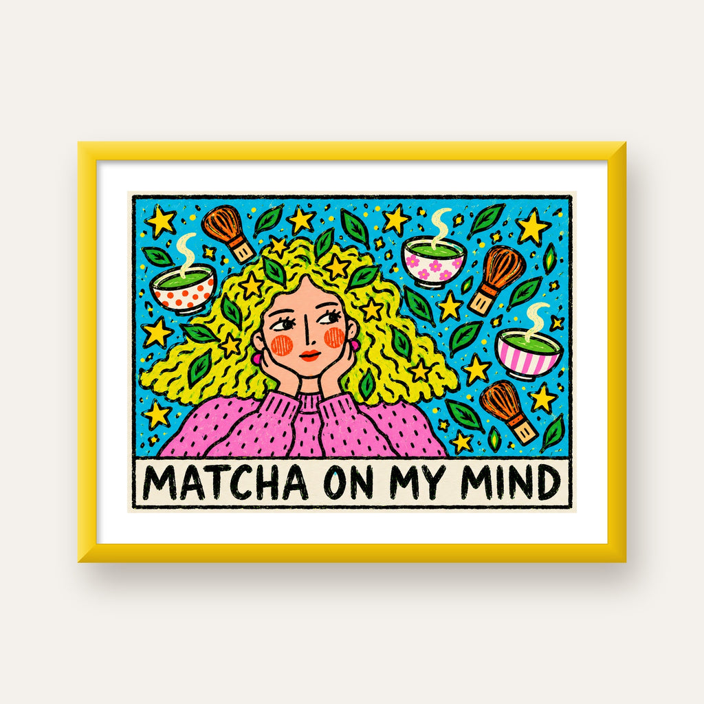 Matcha on My Mind Renkli İllüstrasyon Tipografi Poster — sarı çerçeveli paspartulu
