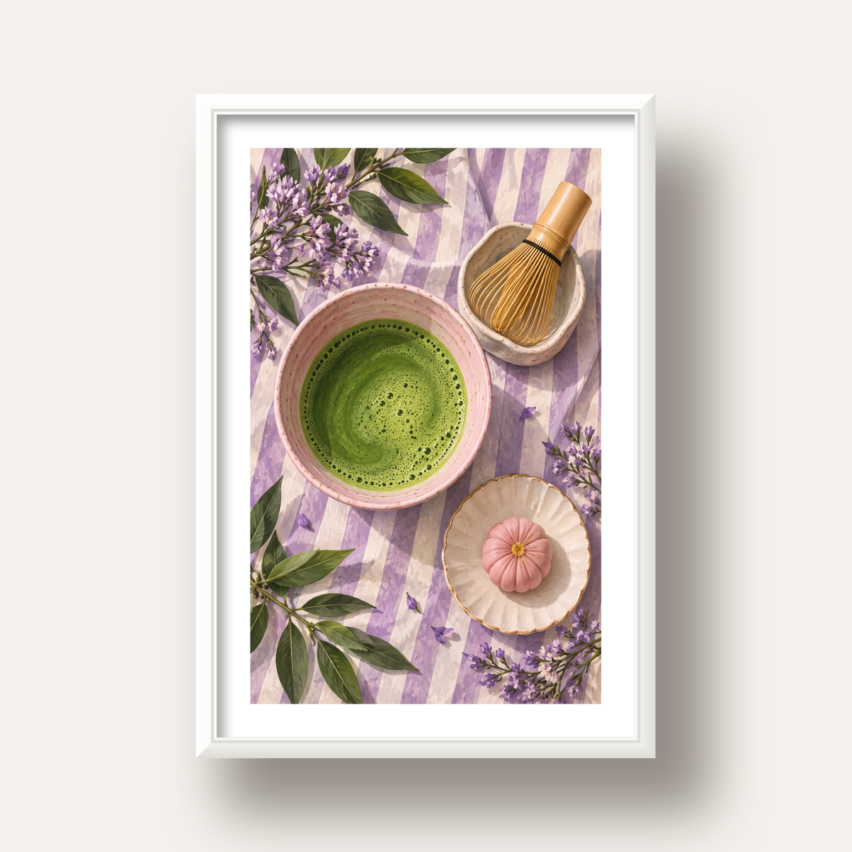 Matcha Seremonisi ve Lavanta – Modern Sanat Poster Baskısı — beyaz derin çerçeveli paspartulu