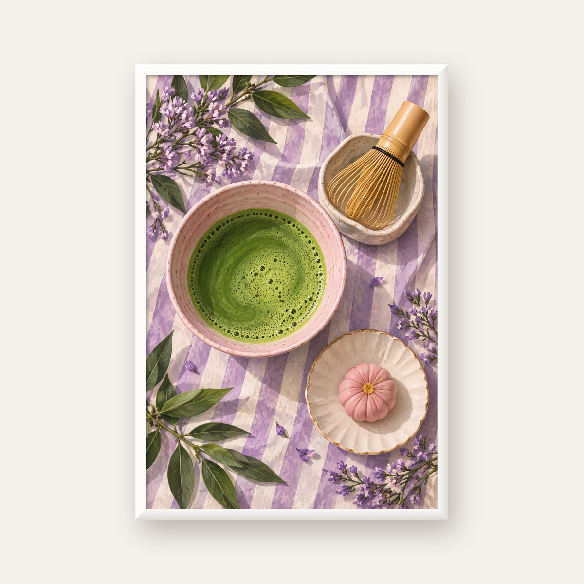 Matcha Seremonisi ve Lavanta – Modern Sanat Poster Baskısı — beyaz çerçeveli dikey poster