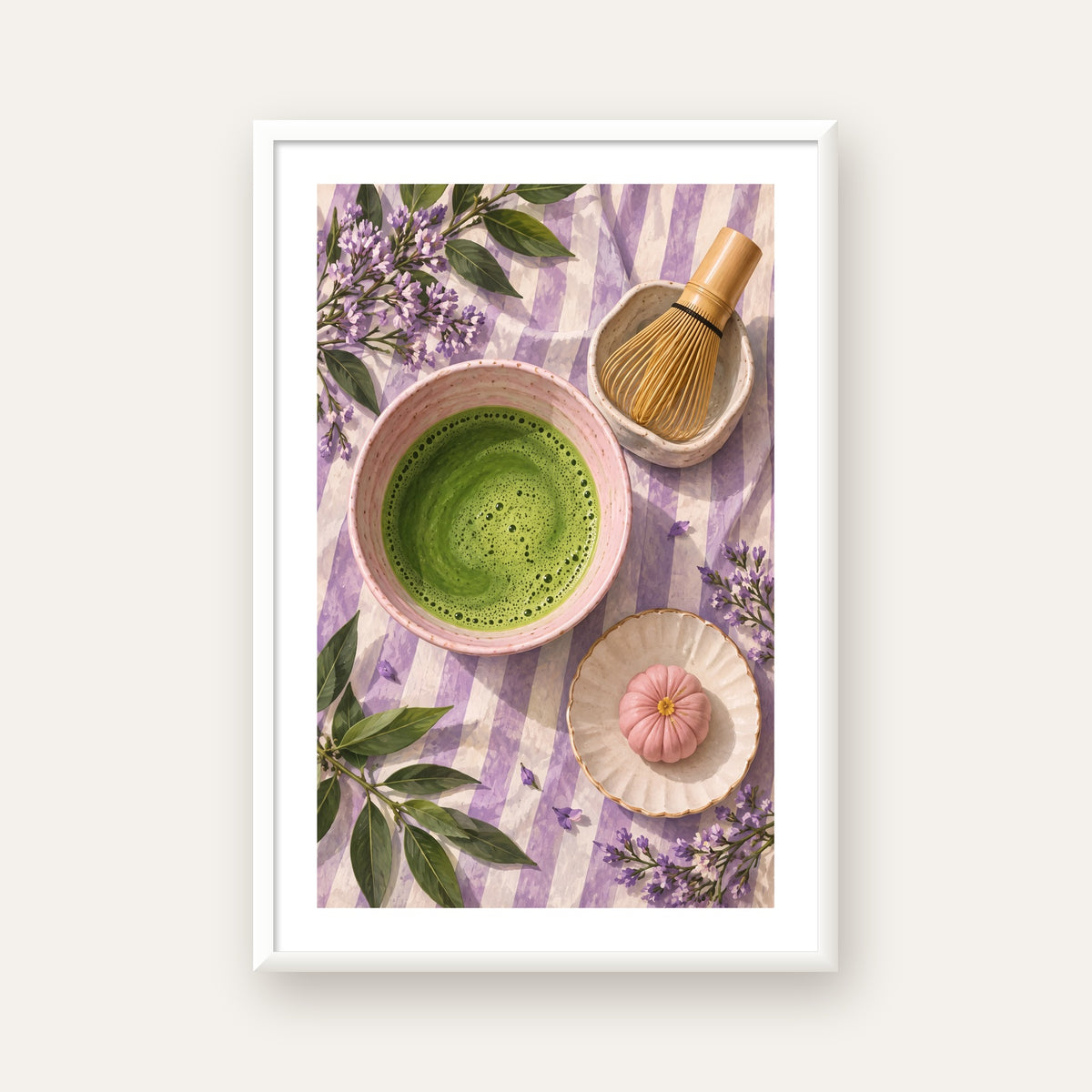 Matcha Seremonisi ve Lavanta – Modern Sanat Poster Baskısı — beyaz çerçeveli dikey poster