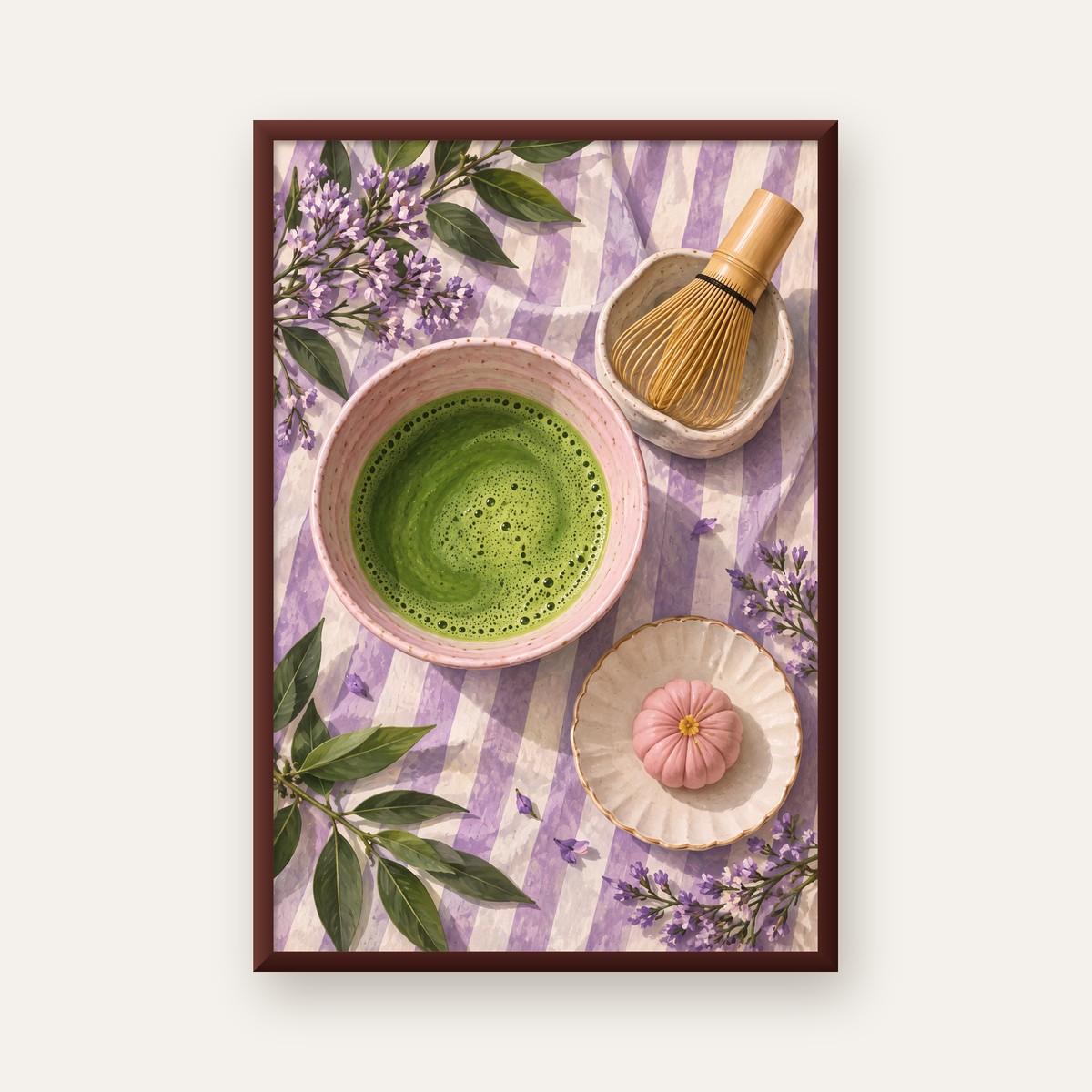 Matcha Seremonisi ve Lavanta – Modern Sanat Poster Baskısı — ceviz çerçeveli