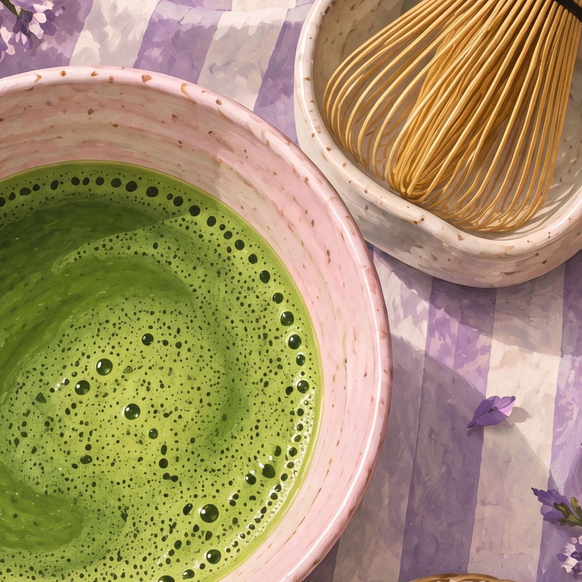 Matcha Seremonisi ve Lavanta – Modern Sanat Poster Baskısı — baskının yakın çekimi, kâğıt dokusu ve renk detayı