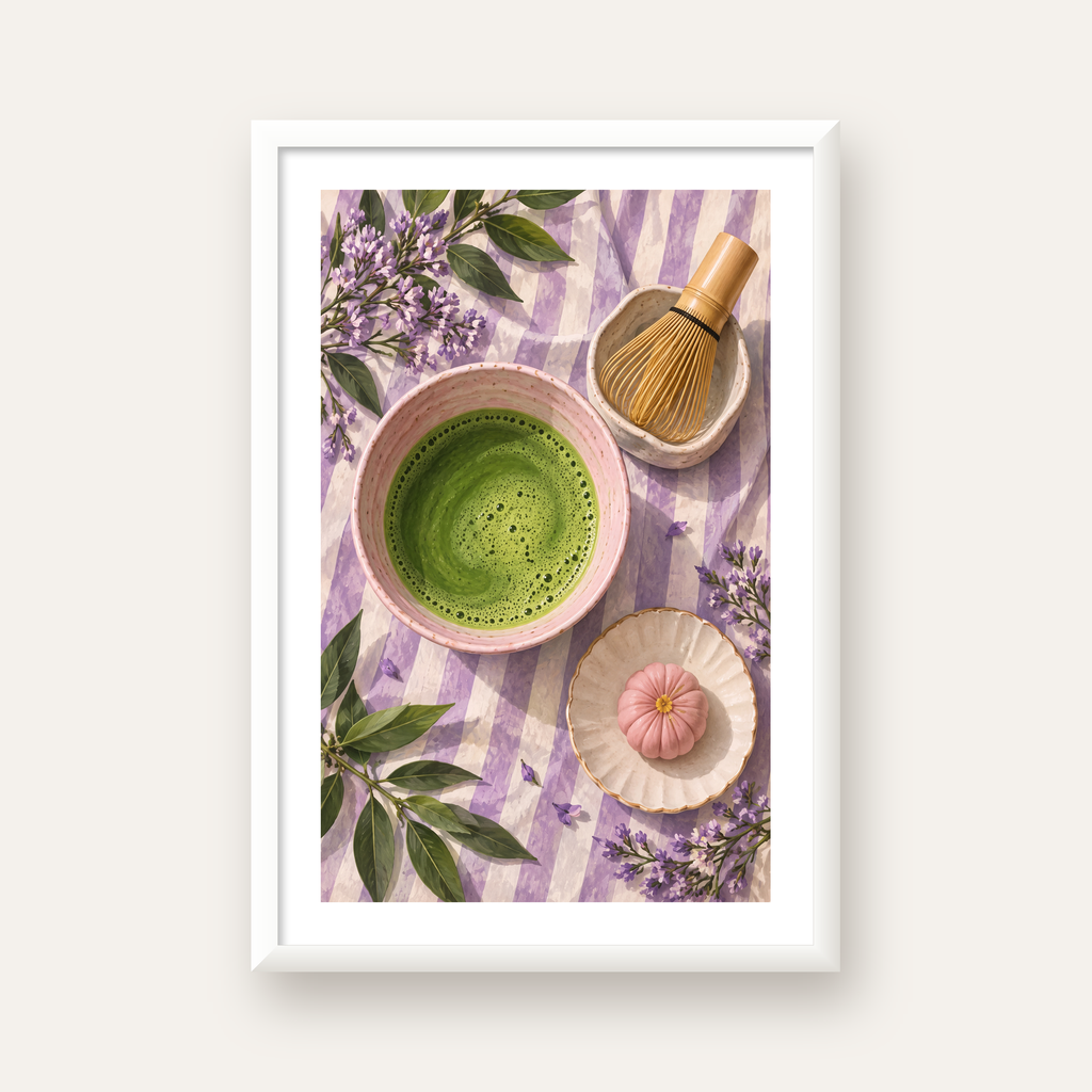 Matcha Seremonisi ve Lavanta – Modern Sanat Poster Baskısı — beyaz çerçeveli dikey poster