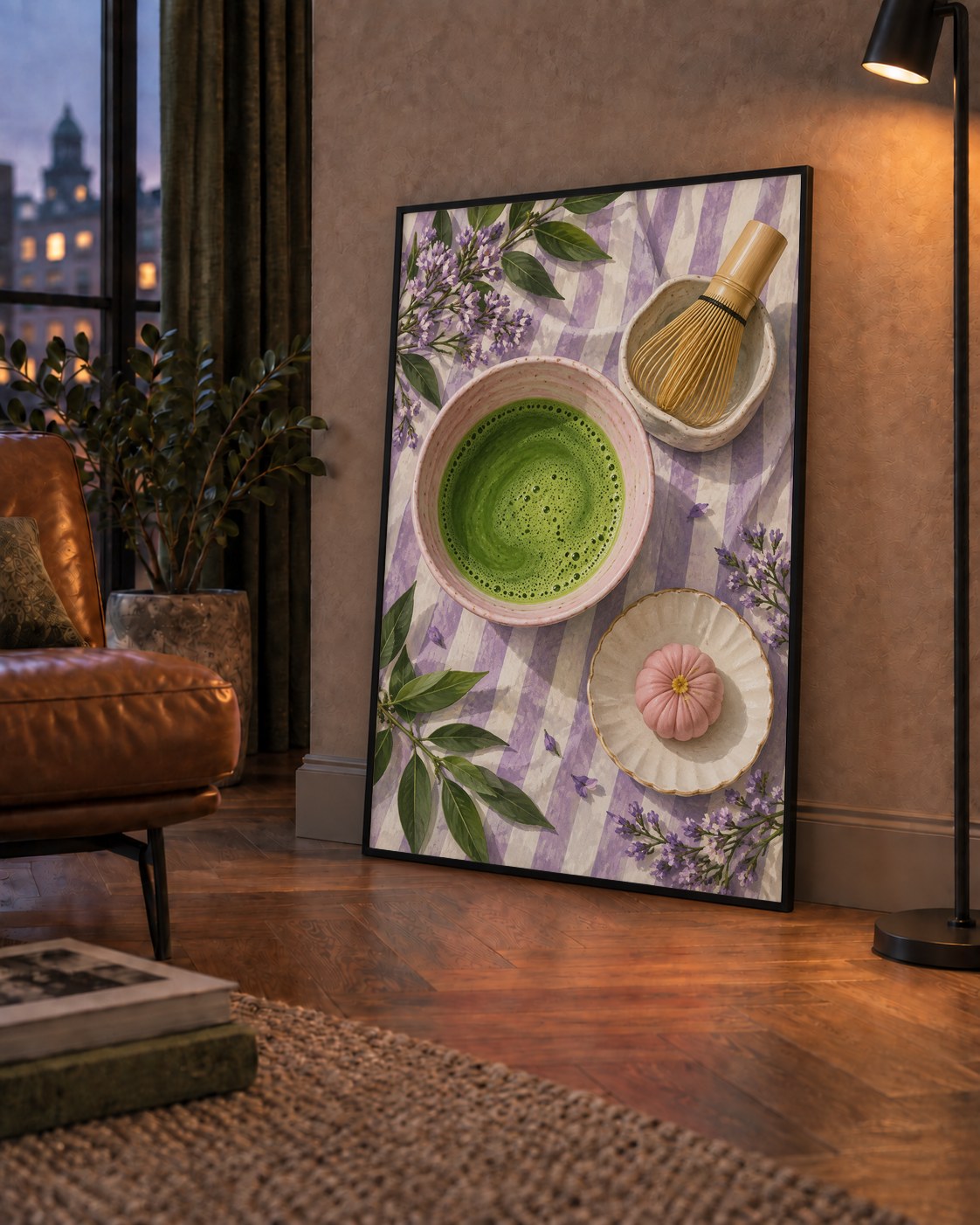 Matcha Seremonisi ve Lavanta – Modern Sanat Poster Baskısı — çerçeveli hâliyle bir ev duvarında