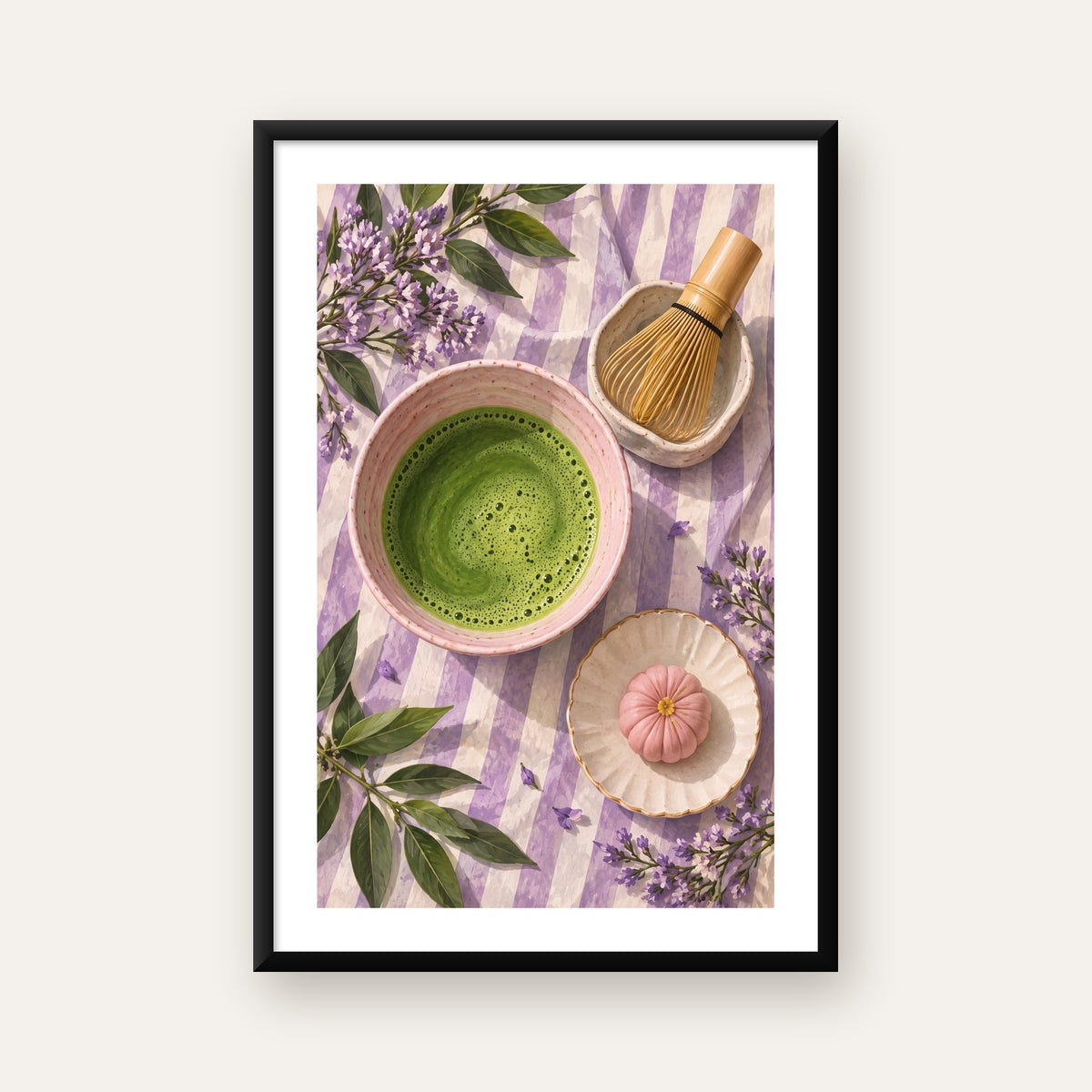 Matcha Seremonisi ve Lavanta – Modern Sanat Poster Baskısı — beyaz paspartulu, düz siyah çerçeveli