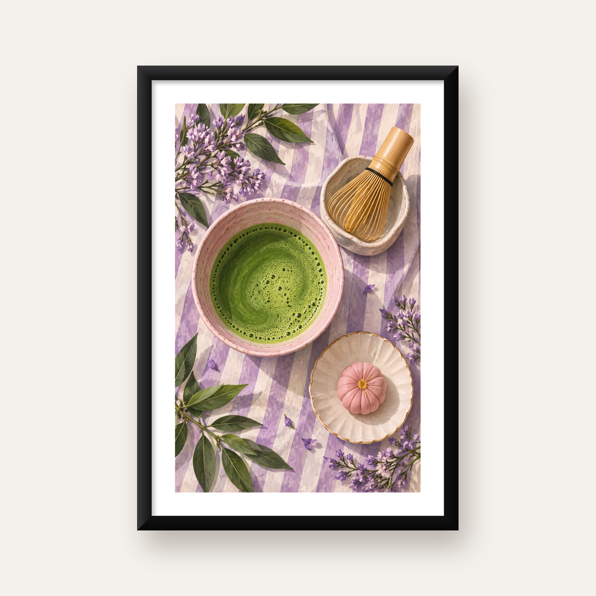 Matcha Seremonisi ve Lavanta – Modern Sanat Poster Baskısı — beyaz paspartulu, düz siyah çerçeveli