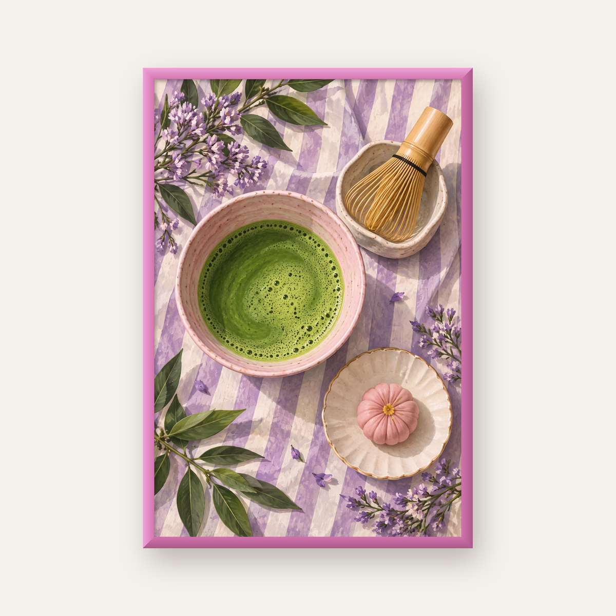 Matcha Seremonisi ve Lavanta – Modern Sanat Poster Baskısı — pembe çerçeveli