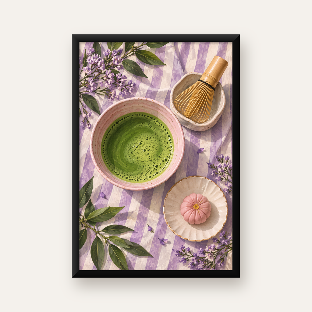 Matcha Seremonisi ve Lavanta – Modern Sanat Poster Baskısı — düz siyah çerçeveli duvar posteri