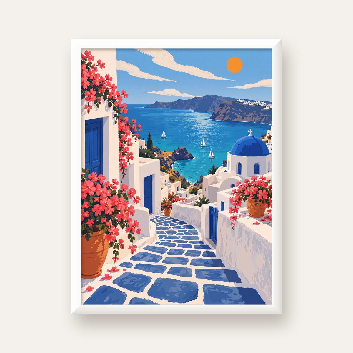 Akdeniz Kasabası Manzarası Dijital Poster – Huzurlu Duvar Sanatı — beyaz çerçeveli dikey poster