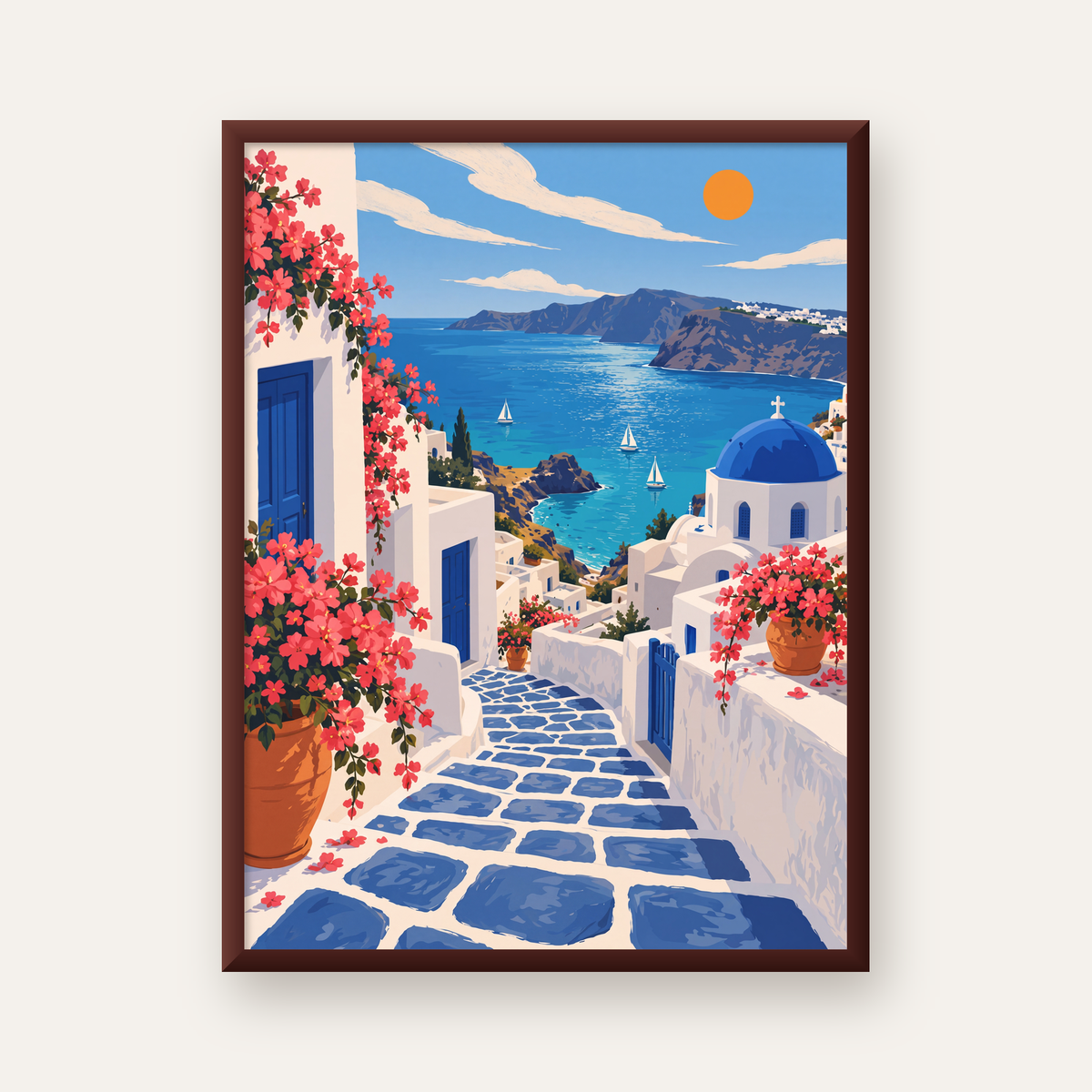 Akdeniz Kasabası Manzarası Dijital Poster – Huzurlu Duvar Sanatı — ceviz çerçeveli