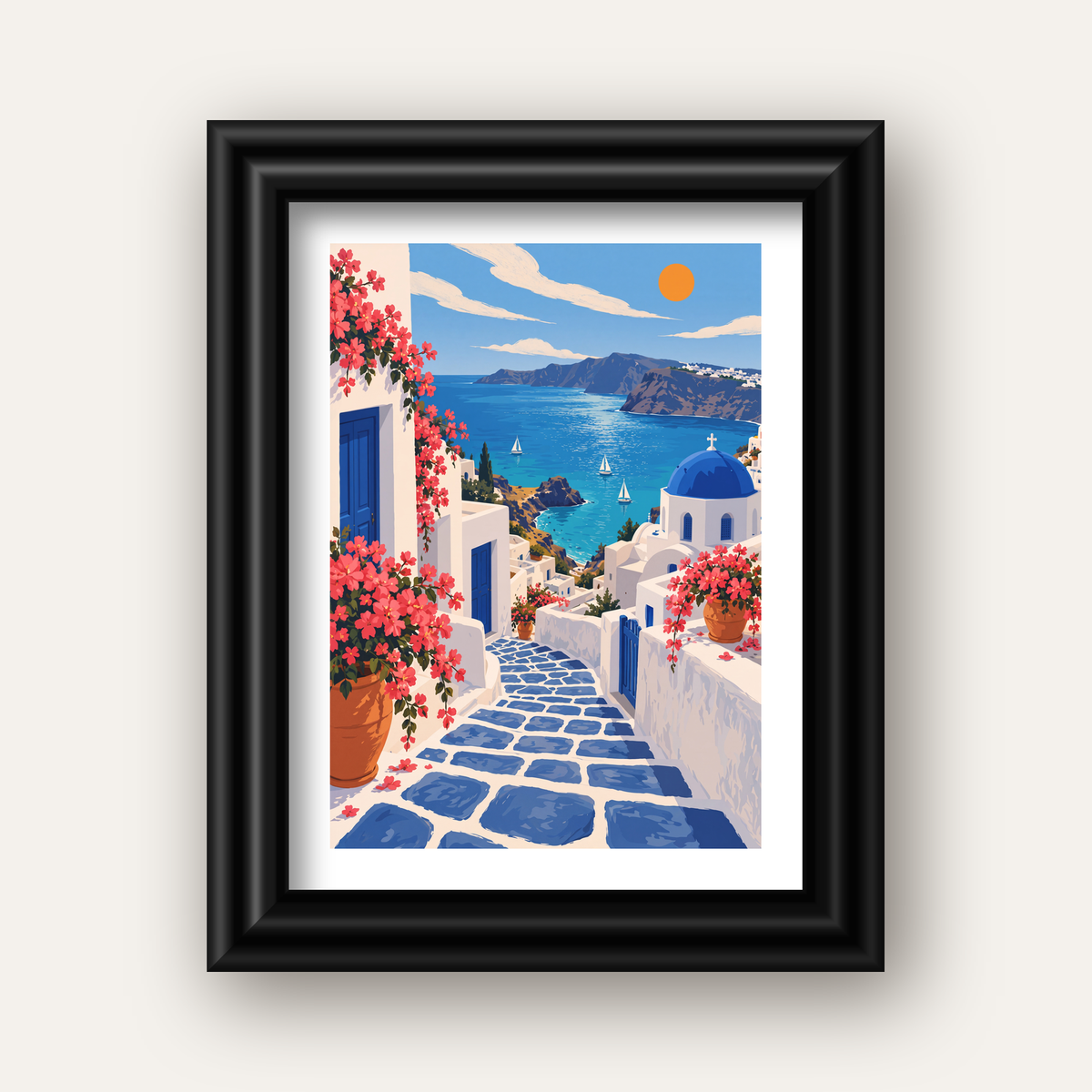 Akdeniz Kasabası Manzarası Dijital Poster – Huzurlu Duvar Sanatı — siyah galeri çerçeveli paspartulu