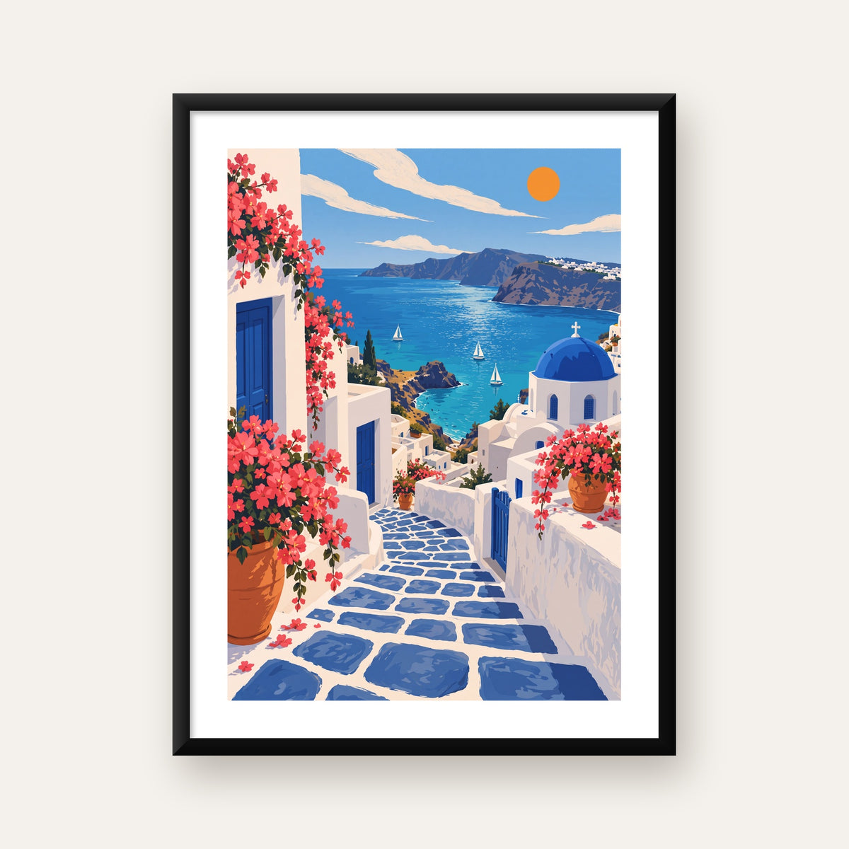 Akdeniz Kasabası Manzarası Dijital Poster – Huzurlu Duvar Sanatı — Dikey baskı, beyaz paspartulu