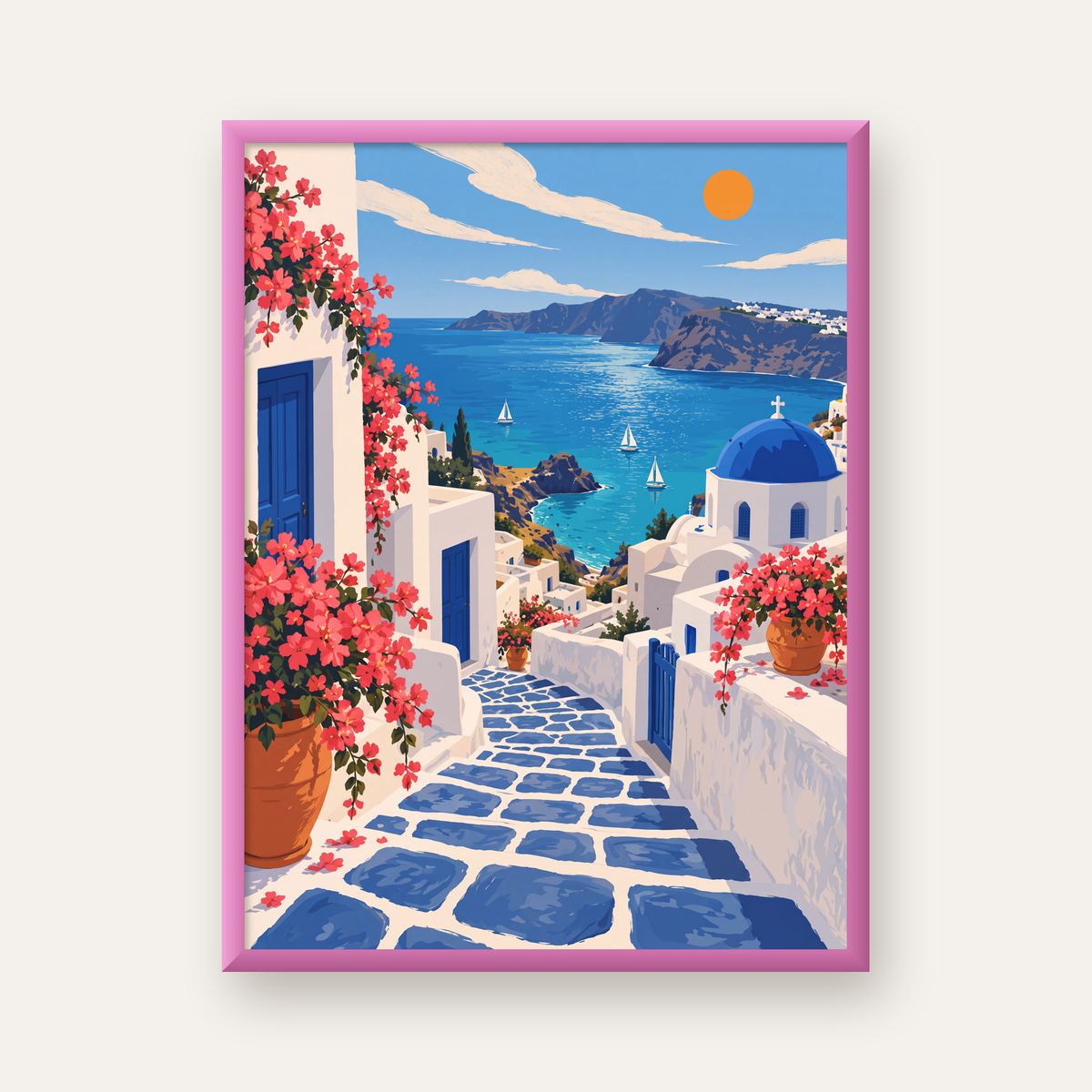 Akdeniz Kasabası Manzarası Dijital Poster – Huzurlu Duvar Sanatı — pembe çerçeveli