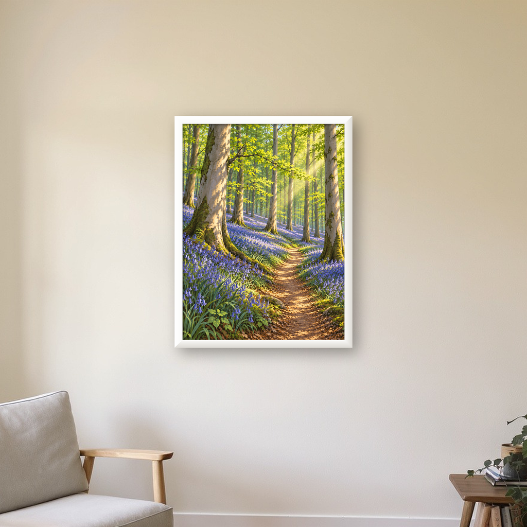 Orman Yolu ve Mor Çiçekler Realist Doğa Poster Baskısı — beyaz çerçeveli dikey poster