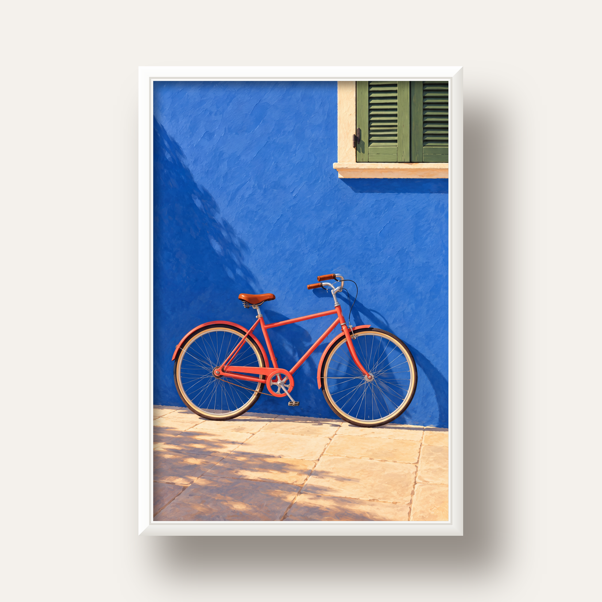 Mavi Duvar Önünde Bisiklet Poster – Modern Dekor Sanat Baskısı — beyaz derin çerçeveli