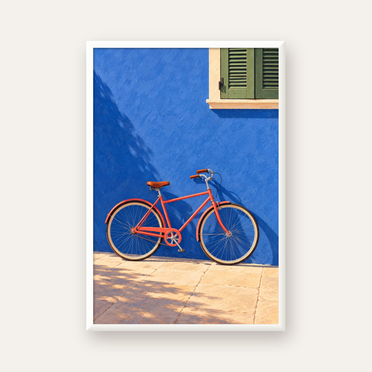 Mavi Duvar Önünde Bisiklet Poster – Modern Dekor Sanat Baskısı — beyaz çerçeveli dikey poster