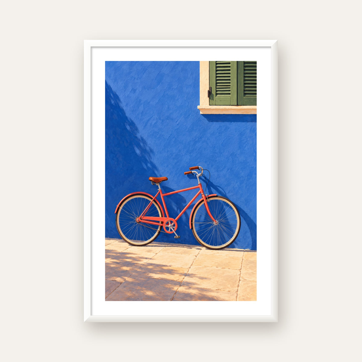 Mavi Duvar Önünde Bisiklet Poster – Modern Dekor Sanat Baskısı — beyaz çerçeveli dikey poster