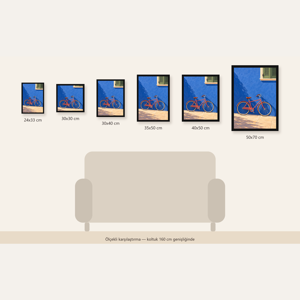 Mavi Duvar Önünde Bisiklet Poster – Modern Dekor Sanat Baskısı — 24×33 cm'den 50×70 cm'e, altı ölçünün karşılaştırması