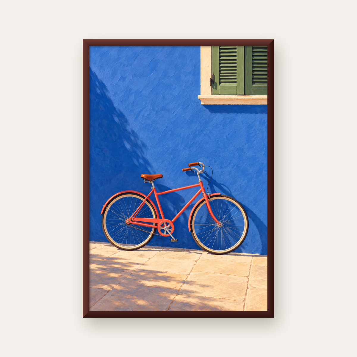 Mavi Duvar Önünde Bisiklet Poster – Modern Dekor Sanat Baskısı — ceviz çerçeveli