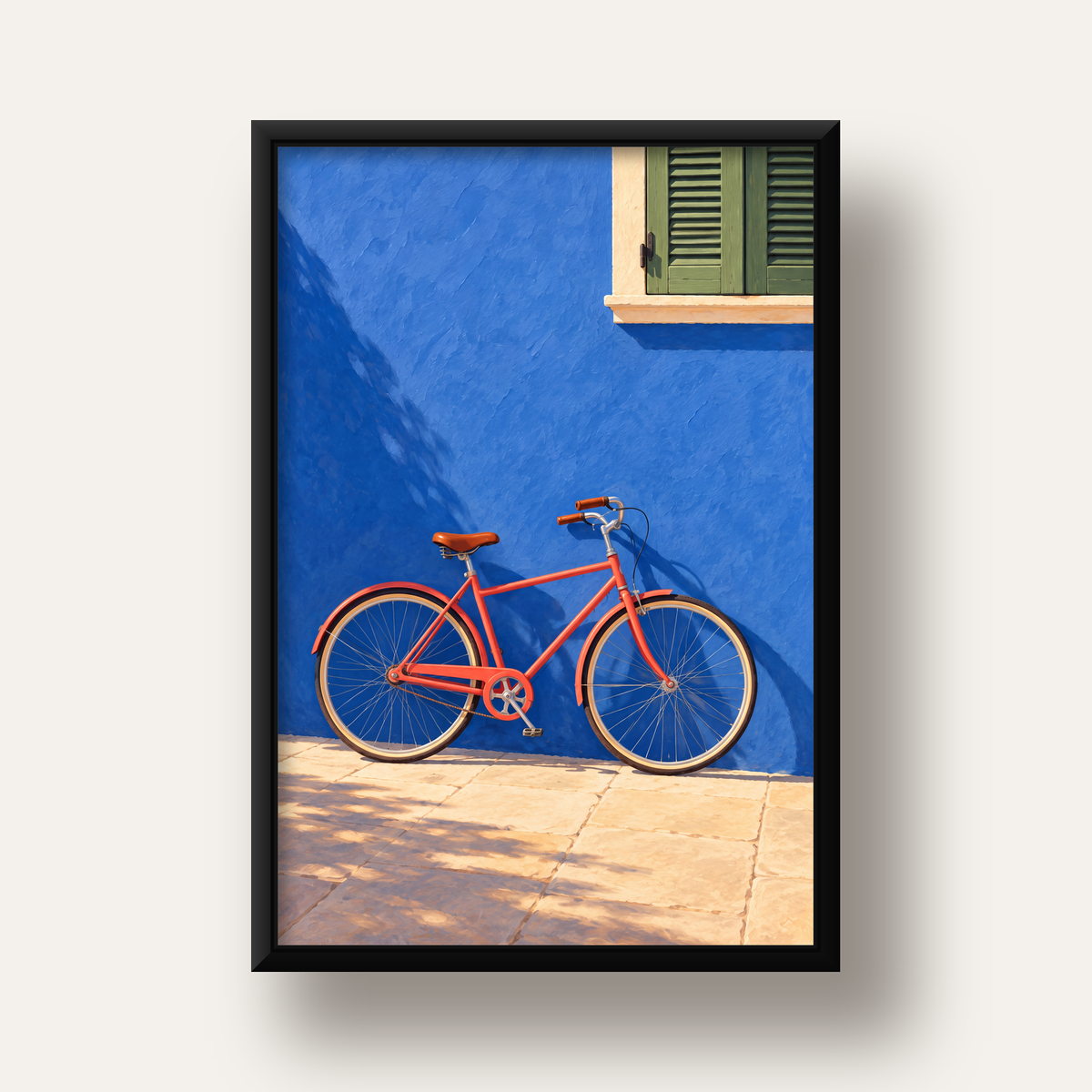 Mavi Duvar Önünde Bisiklet Poster – Modern Dekor Sanat Baskısı — siyah derin çerçeveli