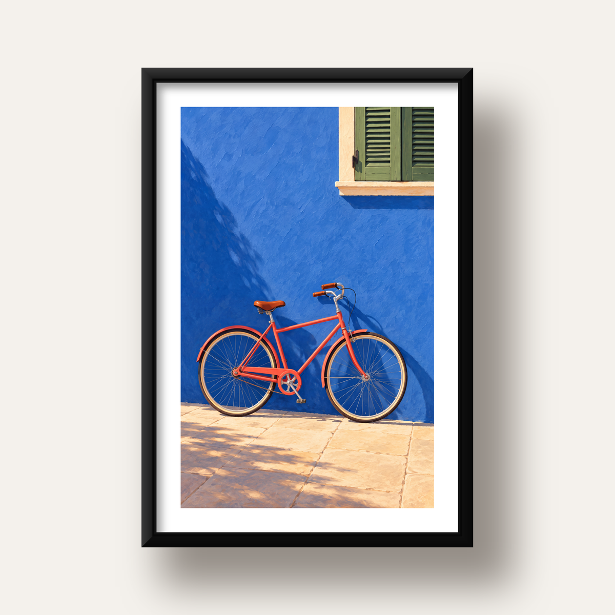 Mavi Duvar Önünde Bisiklet Poster – Modern Dekor Sanat Baskısı — siyah derin çerçeveli paspartulu