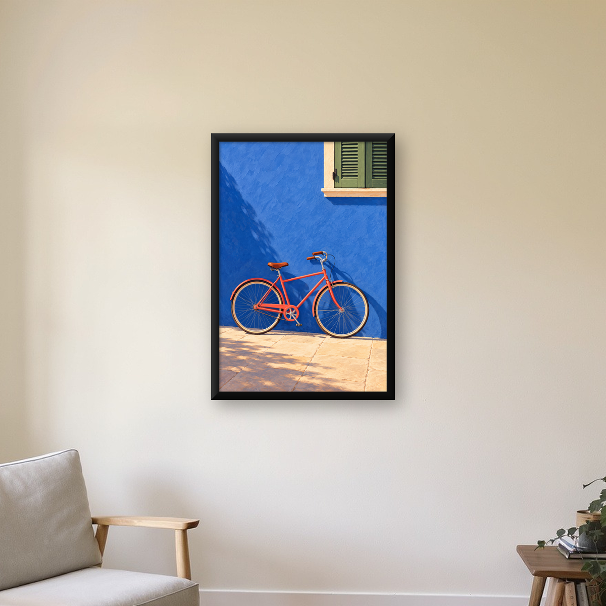 Mavi Duvar Önünde Bisiklet Poster – Modern Dekor Sanat Baskısı — çerçeveli hâliyle bir ev duvarında