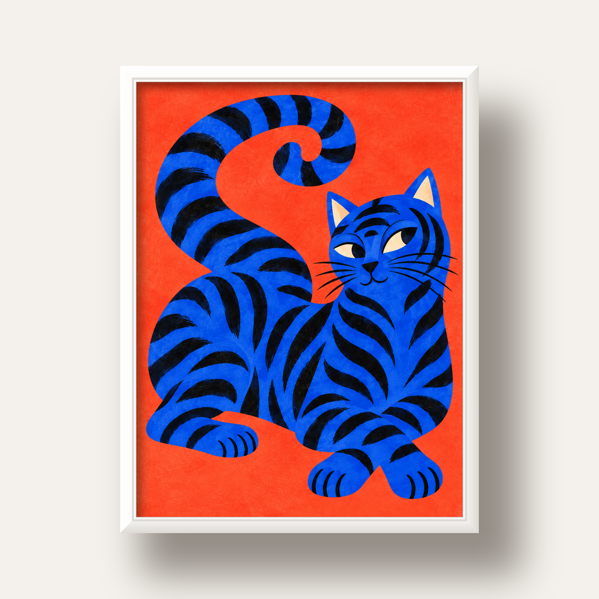 Mavi Siyah Çizgili Kedi Poster – Canlı ve Modern Duvar Sanatı — beyaz derin çerçeveli