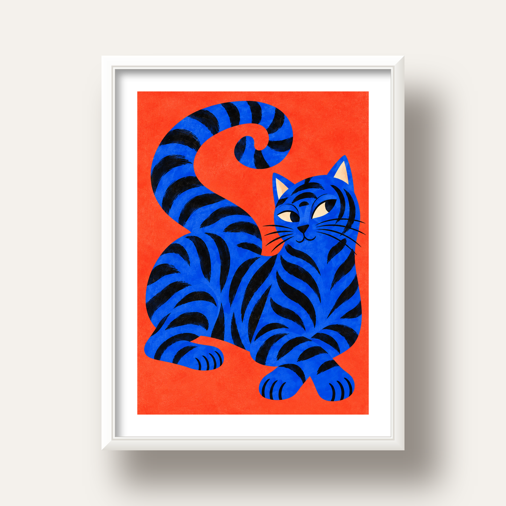 Mavi Siyah Çizgili Kedi Poster – Canlı ve Modern Duvar Sanatı — beyaz derin çerçeveli paspartulu