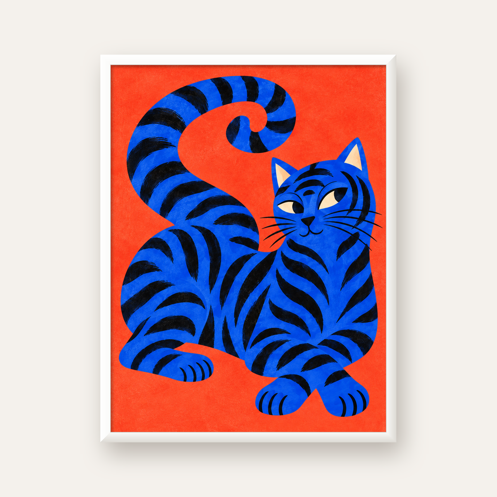 Mavi Siyah Çizgili Kedi Poster – Canlı ve Modern Duvar Sanatı — beyaz çerçeveli dikey poster