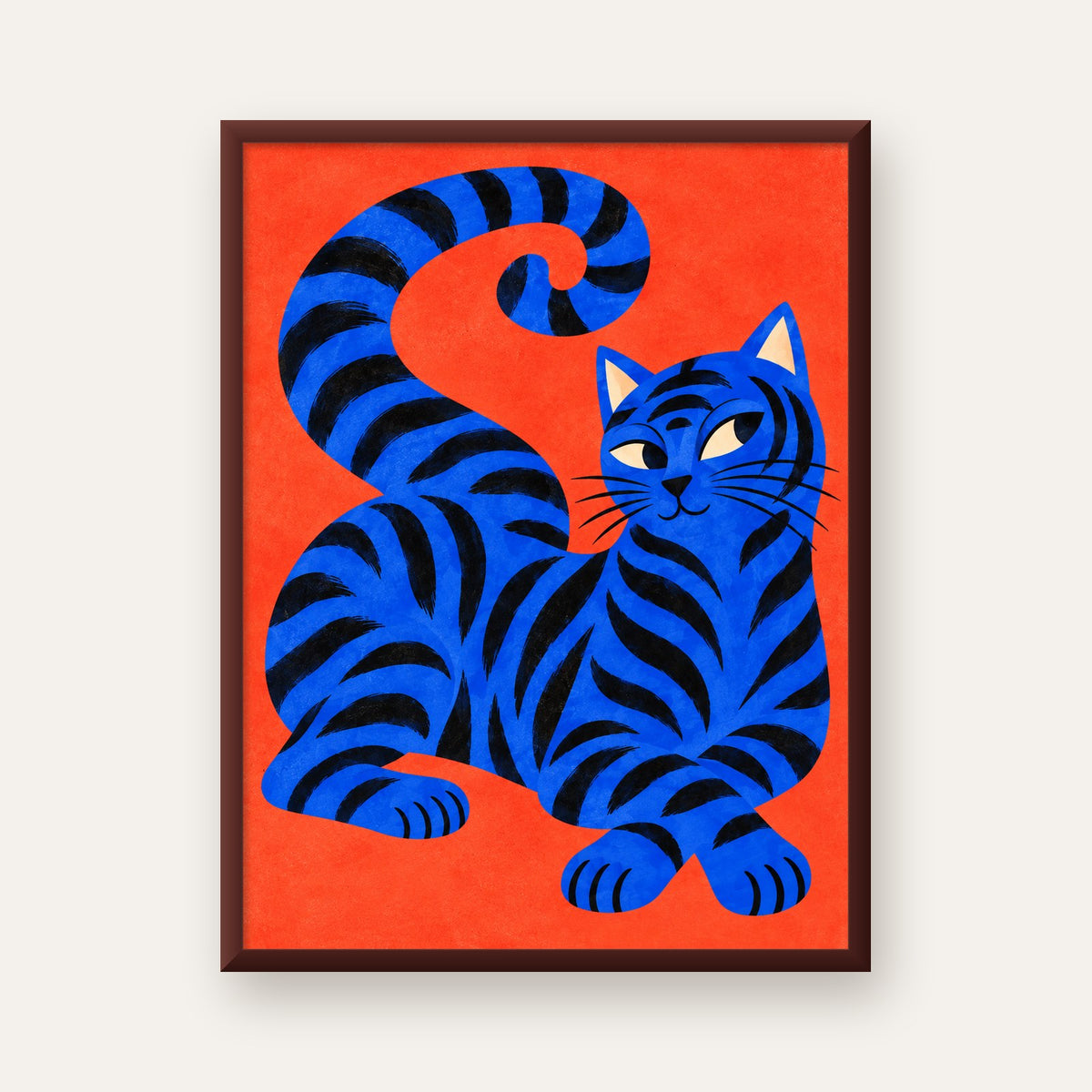 Mavi Siyah Çizgili Kedi Poster – Canlı ve Modern Duvar Sanatı — ceviz çerçeveli
