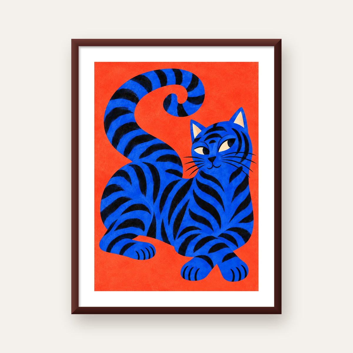 Mavi Siyah Çizgili Kedi Poster – Canlı ve Modern Duvar Sanatı — ceviz çerçeveli paspartulu