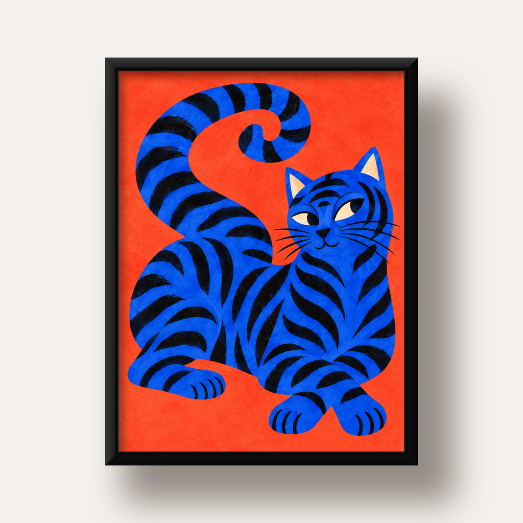Mavi Siyah Çizgili Kedi Poster – Canlı ve Modern Duvar Sanatı — siyah derin çerçeveli