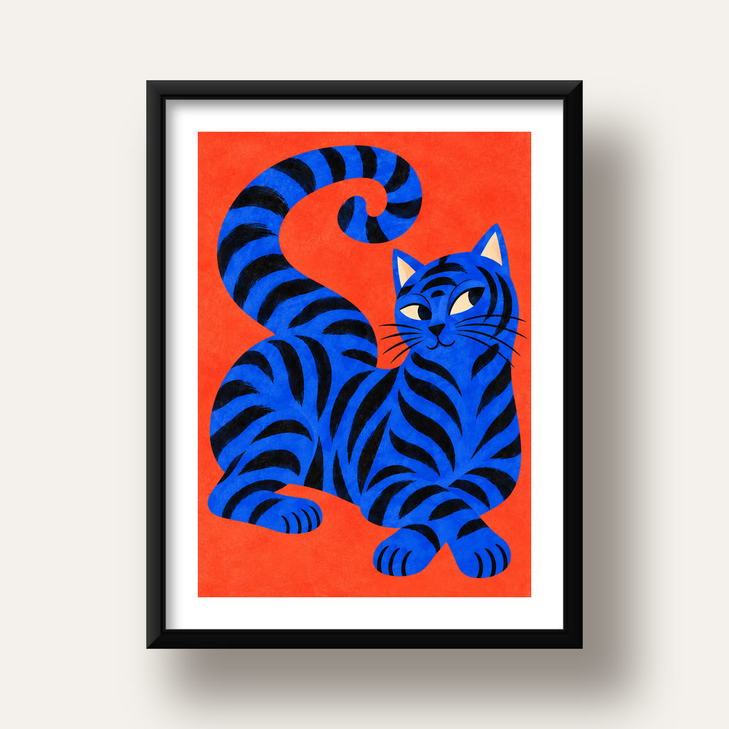 Mavi Siyah Çizgili Kedi Poster – Canlı ve Modern Duvar Sanatı — siyah derin çerçeveli paspartulu
