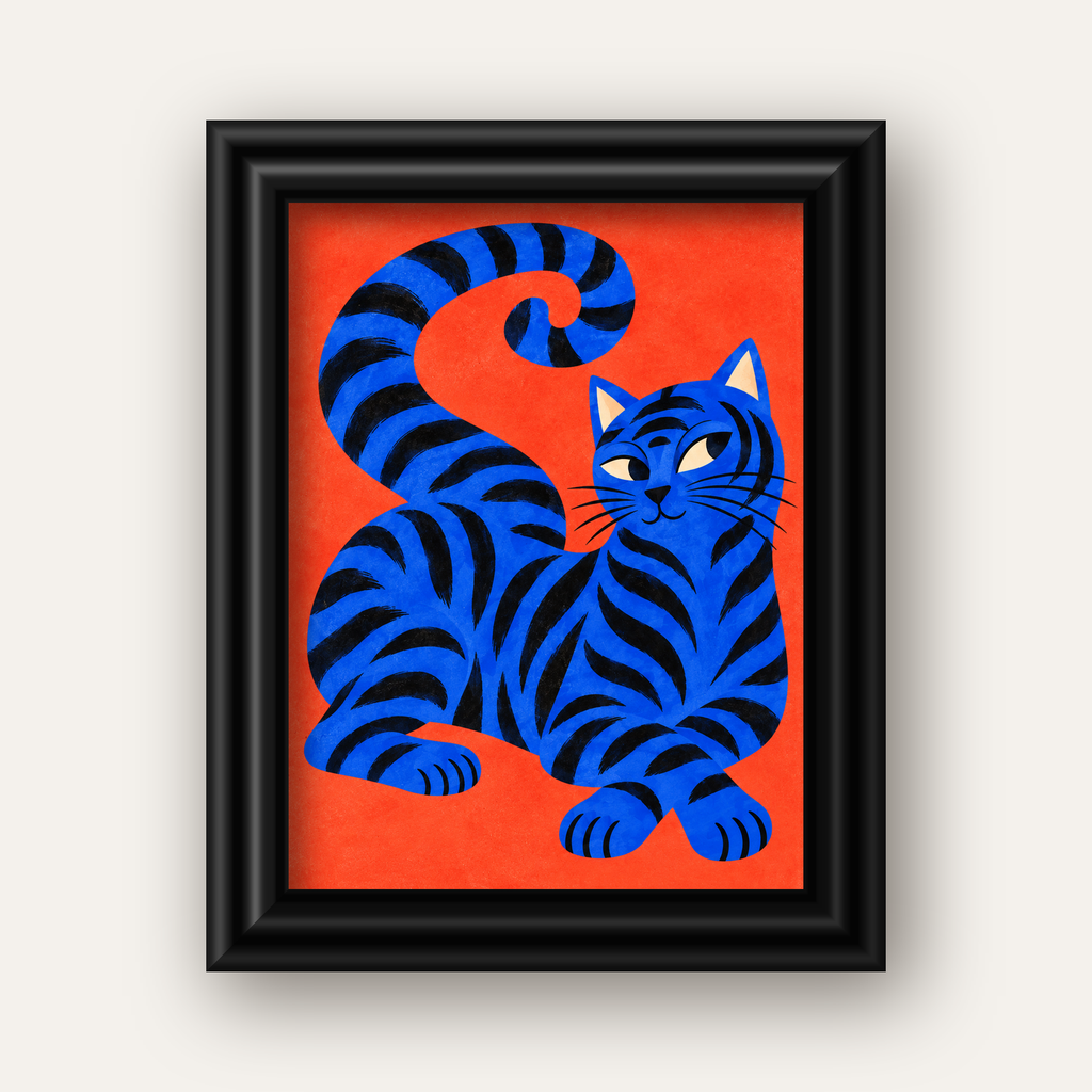 Mavi Siyah Çizgili Kedi Poster – Canlı ve Modern Duvar Sanatı — siyah galeri çerçeveli