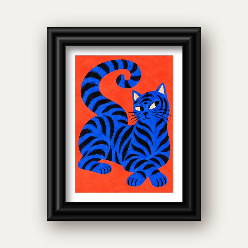 Mavi Siyah Çizgili Kedi Poster – Canlı ve Modern Duvar Sanatı — siyah galeri çerçeveli paspartulu