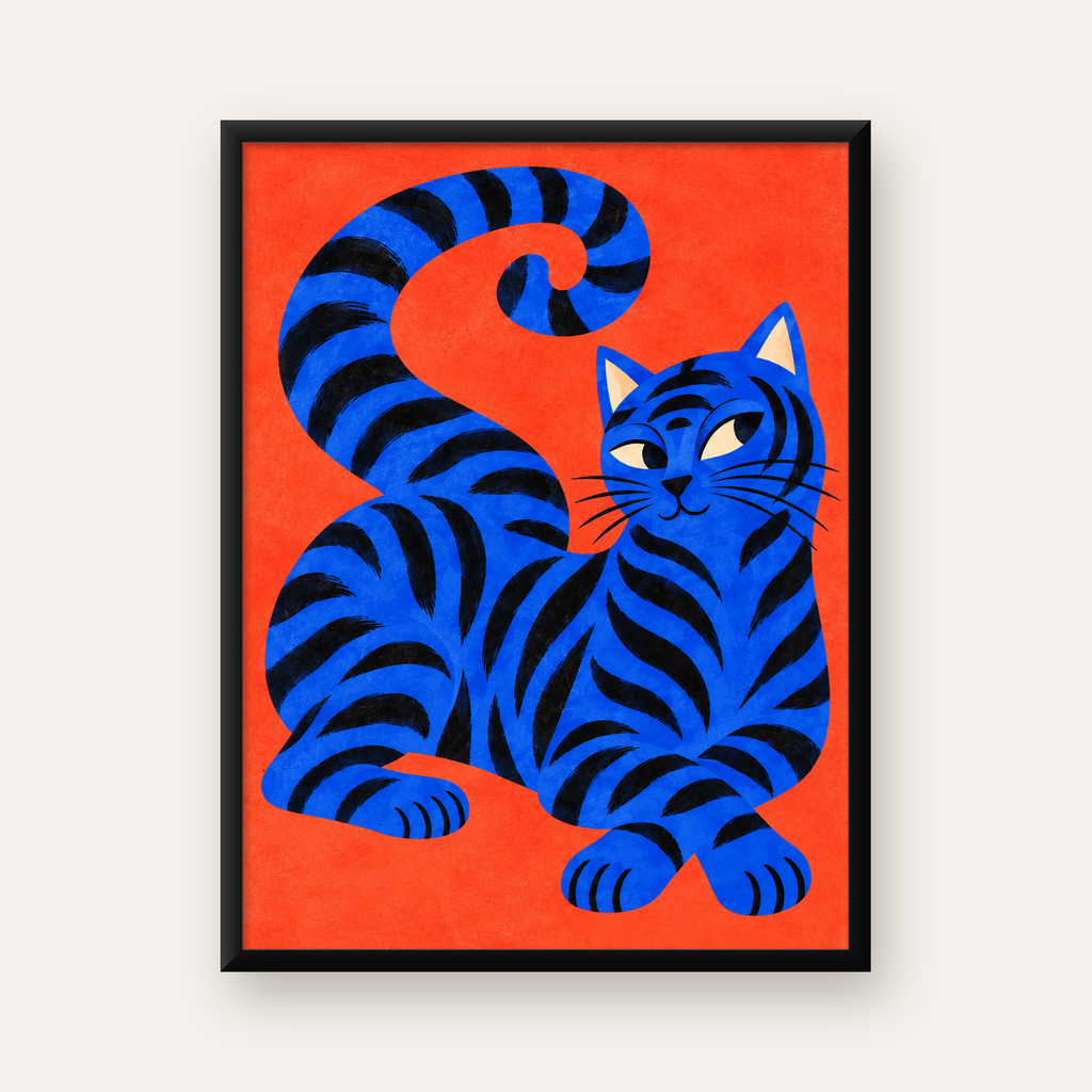 Mavi Siyah Çizgili Kedi Poster – Canlı ve Modern Duvar Sanatı — Dikey baskı, düz siyah çerçeveli duvar posteri