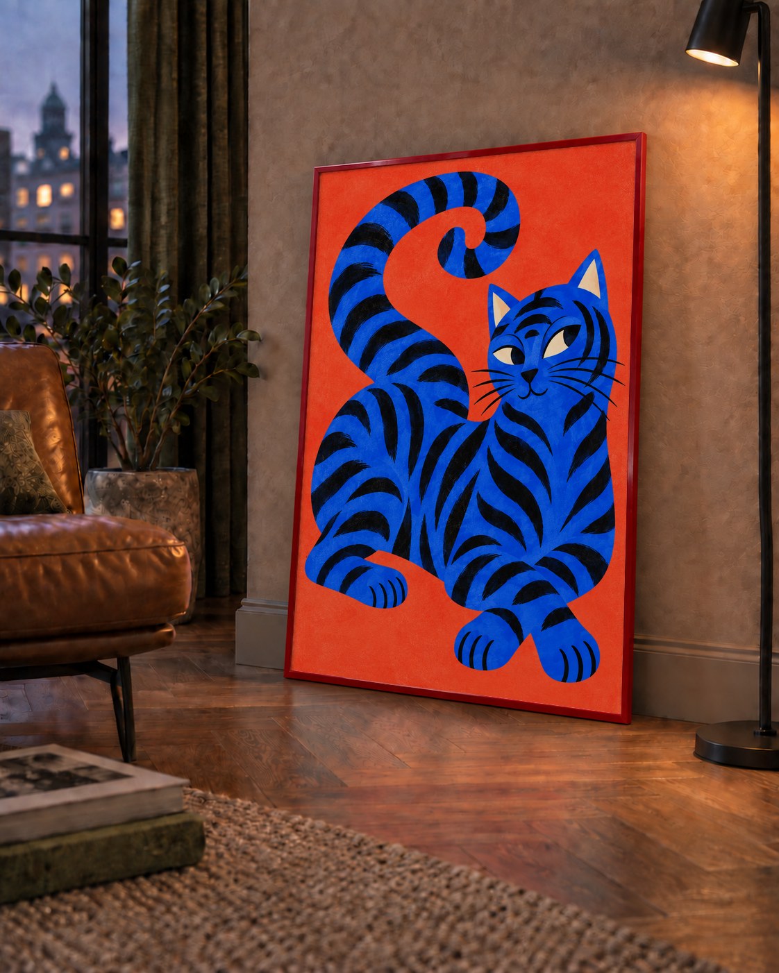 Mavi Siyah Çizgili Kedi Poster – Canlı ve Modern Duvar Sanatı — çerçeveli hâliyle bir ev duvarında