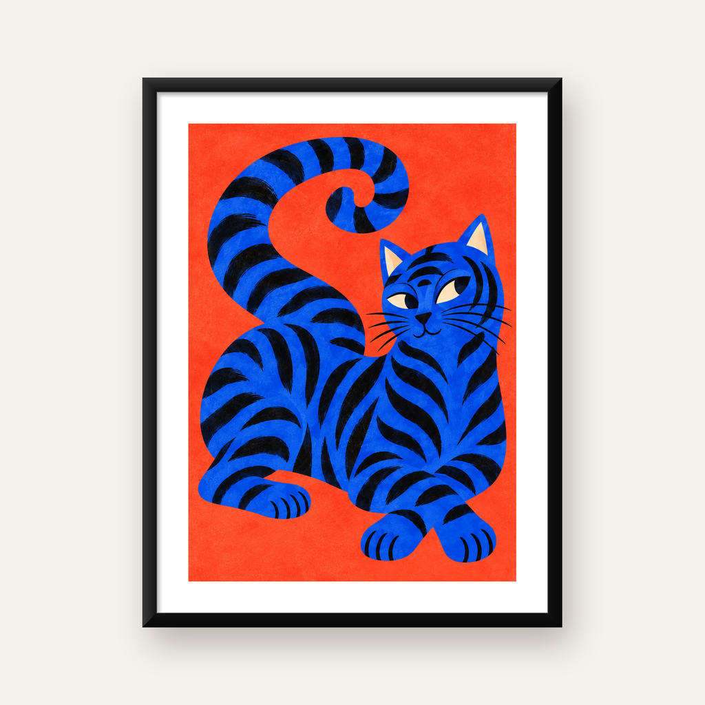 Mavi Siyah Çizgili Kedi Poster – Canlı ve Modern Duvar Sanatı — Dikey baskı, beyaz paspartulu