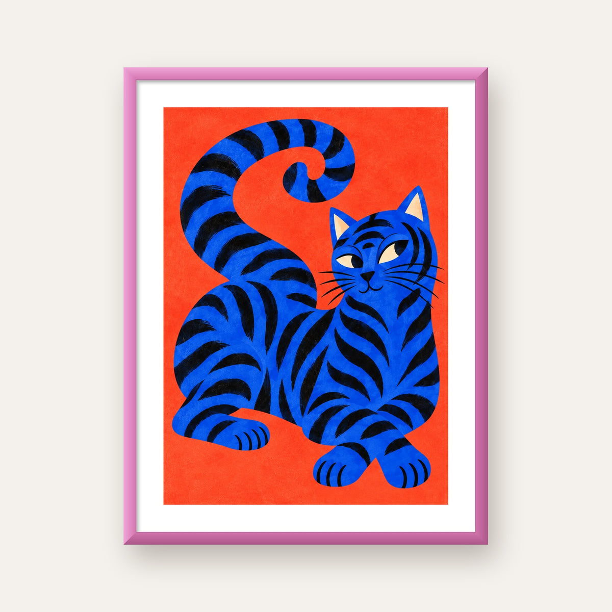 Mavi Siyah Çizgili Kedi Poster – Canlı ve Modern Duvar Sanatı — pembe çerçeveli paspartulu