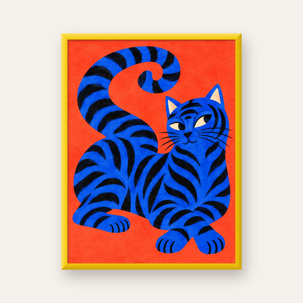Mavi Siyah Çizgili Kedi Poster – Canlı ve Modern Duvar Sanatı — sarı çerçeveli